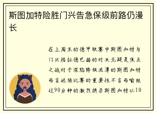 斯图加特险胜门兴告急保级前路仍漫长
